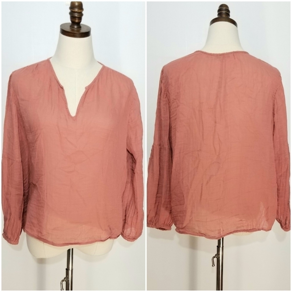 Madewell Shirred-Neck Balloon-Sleeve Old Rose/Rust Cotton Gauze Top AJ961 Medium